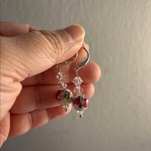 Hand-Painted Floral Bead Dangle Earrings - Pink